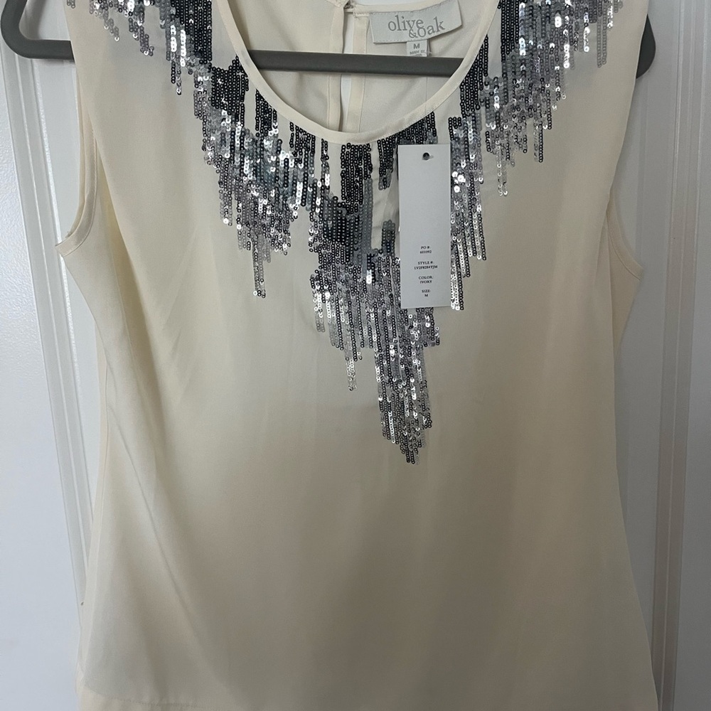Olive and Oak NWT cream color with sequins sheer top, Size M